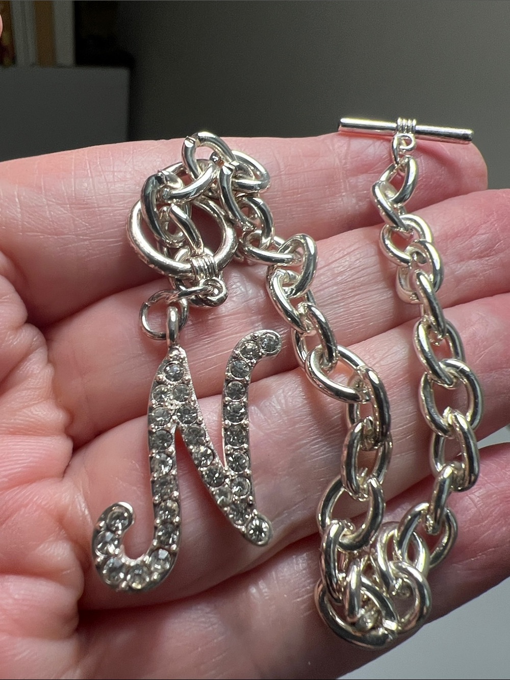 Silver Tone Sparkling Crystal 'N' Initial Toggle & Link Bracelet - Vintage